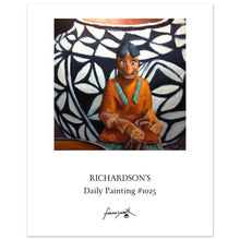 Load image into Gallery viewer, poster of a painting of a navajo doll in front of a black and white native american pot by john farnsworth
