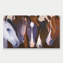 Load image into Gallery viewer, painting of white, brown, and red horses by john farnsworth