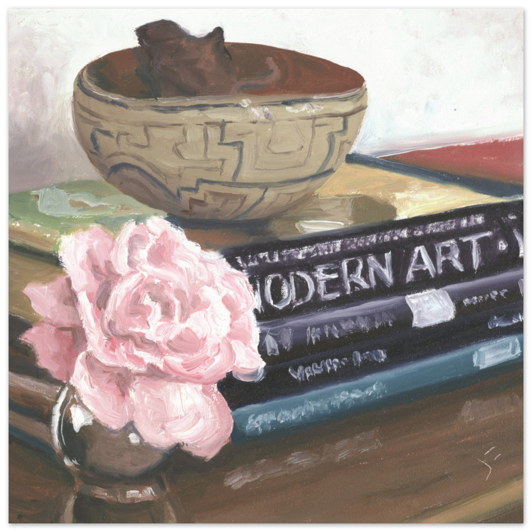 painting of a pink rose and a stack of books with a native american bowl it by john farnsworth