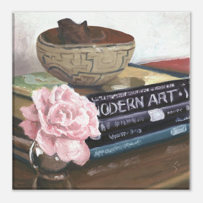 painting of books, a pink flower, and a native american bowl by john farnsworth