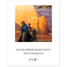 Load image into Gallery viewer, poster of a painting of two navajo people riding horses wearing jewelry by john farnsworth
