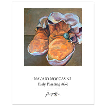 Load image into Gallery viewer, poster of a painting of leather navajo moccasins with a turquoise button by john farnsworth
