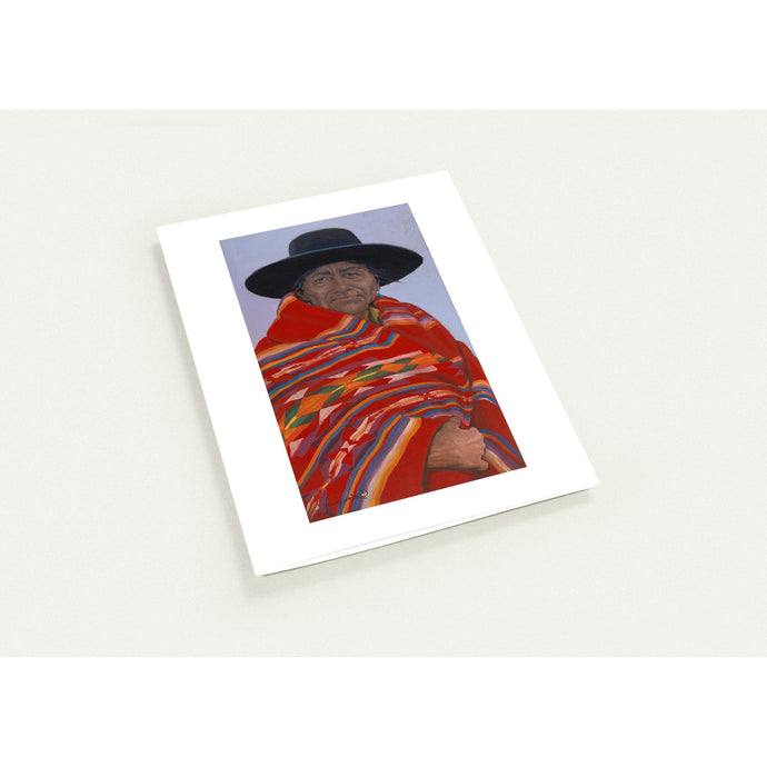 notecard with painting of native american man wearing hat and wrapped in red pendleton blanket