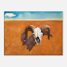 Load image into Gallery viewer, watercolor painting of sheep skull on adobe wall by john farnsworth
