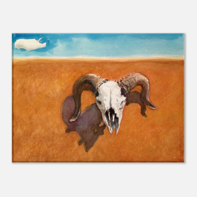 watercolor painting of sheep skull on adobe wall by john farnsworth