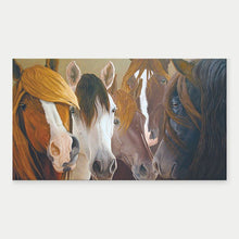 Load image into Gallery viewer, painting of red, brown, white, and black horses by john farnsworth
