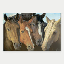 Load image into Gallery viewer, painting of 5 horses in brown, red, yellow

